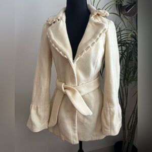 Cream white wool tie waist coat bell sleeve XS
